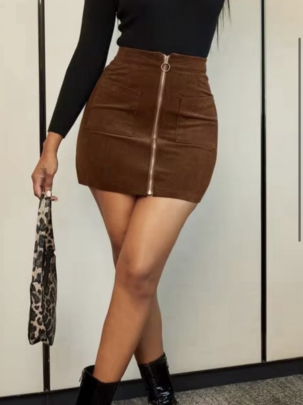 SHEIN O-ring Zip Up Corduroy Skirt Mini Skirt Brown Size Small